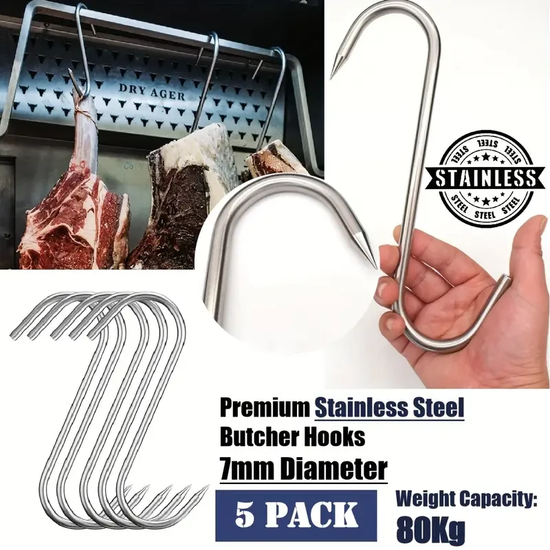 5Pack Stainless Steel Meat Hook Restaurant Butcher Meat Processing Tools. Hunting Gear Equipment Outdoor BBQ Smoker Grilling Tools Hanging Chunks Meat Jerky Drying For Kitchen, Market Hanging Bacon, Sausage