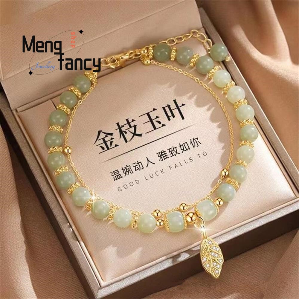 Natural Hetian Jasper Bracelet  Golden Branch & Jade Leaves for Womens Fashion Jewelry