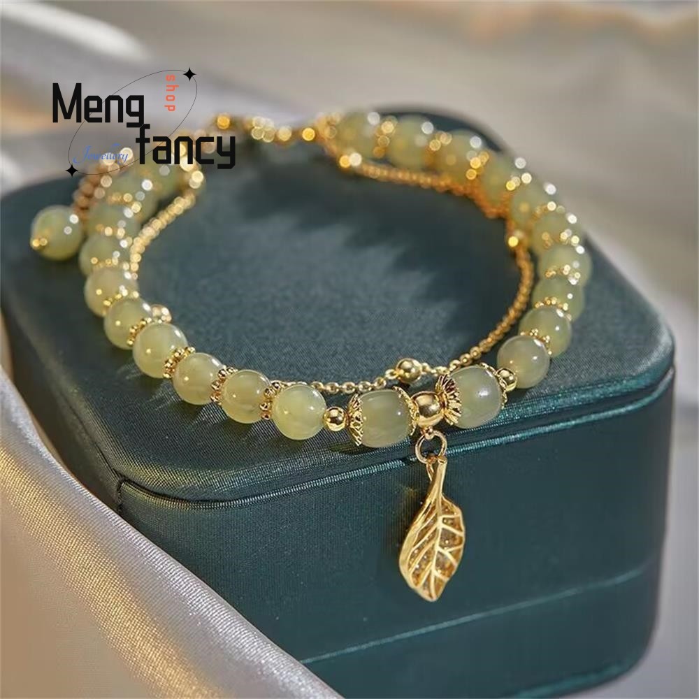 Natural Hetian Jasper Bracelet  Golden Branch & Jade Leaves for Womens Fashion Jewelry
