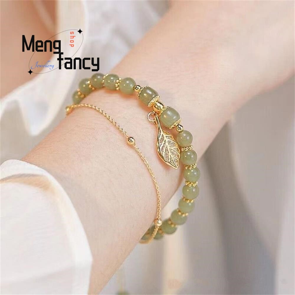 Natural Hetian Jasper Bracelet Golden Branch & Jade Leaves Charm