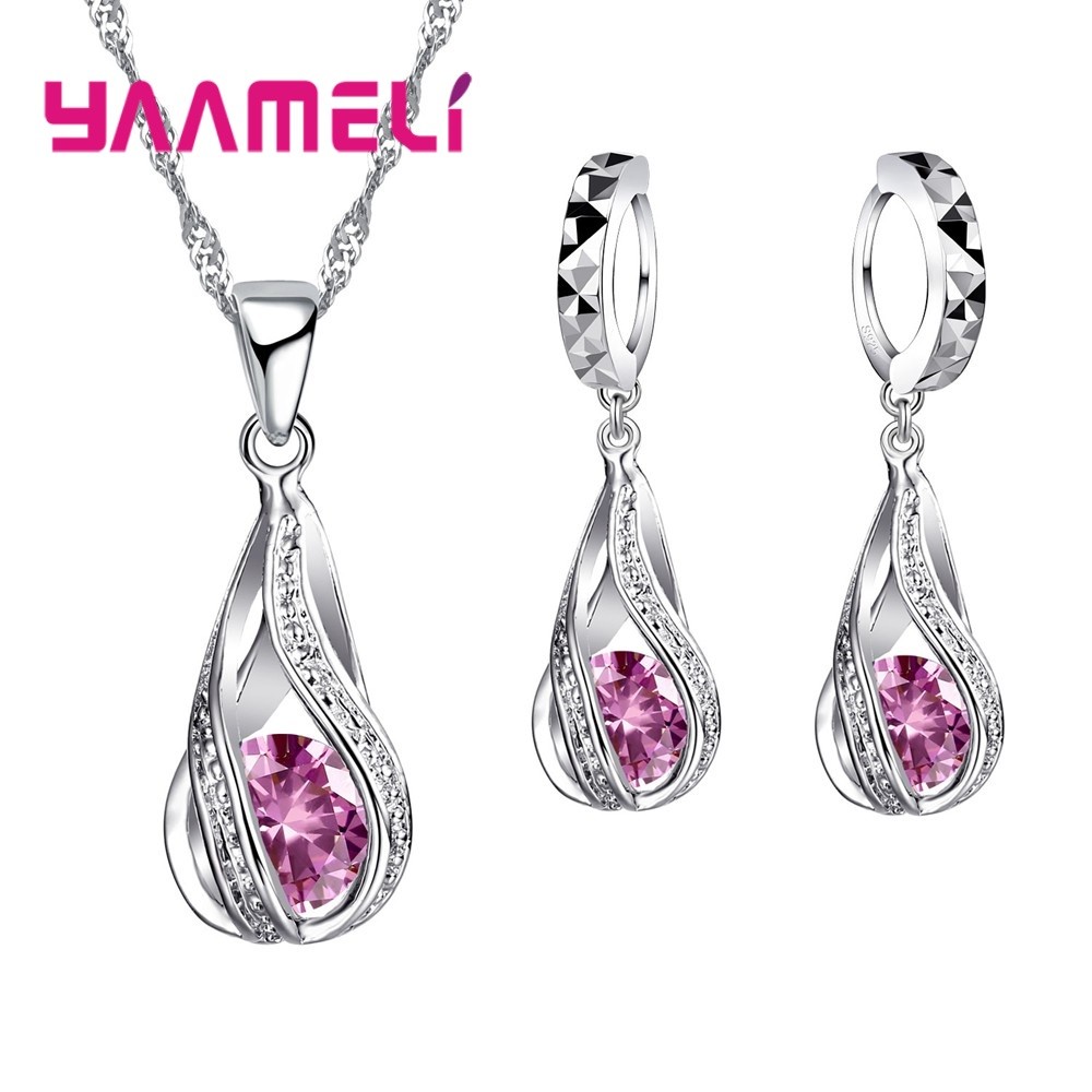 Water Drop CZ Sterling Silver Jewelry Set  Pendant Necklace & Hoop Earrings for Women