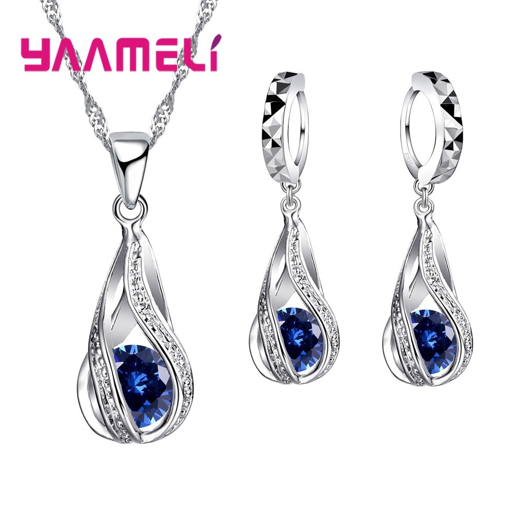 Water Drop CZ Sterling Silver Jewelry Set  Pendant Necklace & Hoop Earrings for Women
