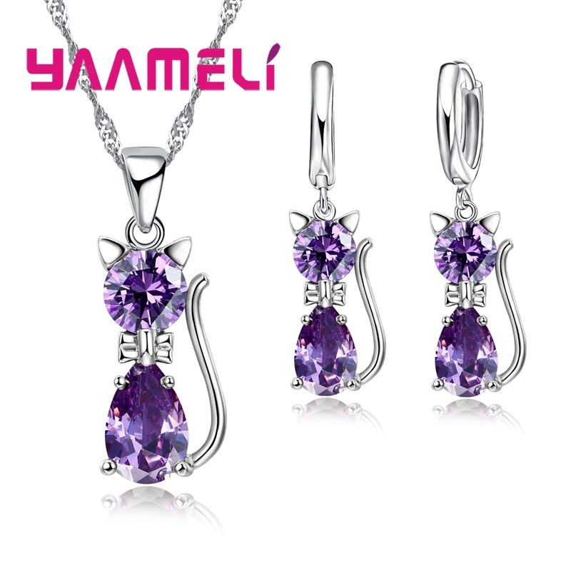 925 Sterling Silver Cat Jewelry Set  Austrian Crystal Necklace & Huggie Earrings for Women & Girls