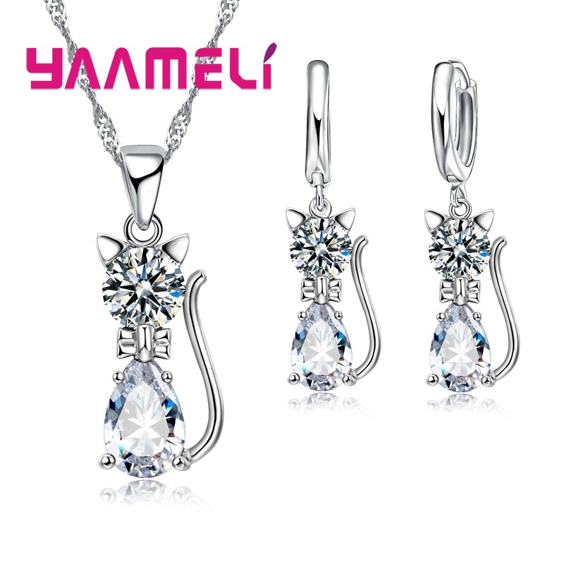 925 Sterling Silver Cat Jewelry Set  Austrian Crystal Necklace & Huggie Earrings for Women & Girls