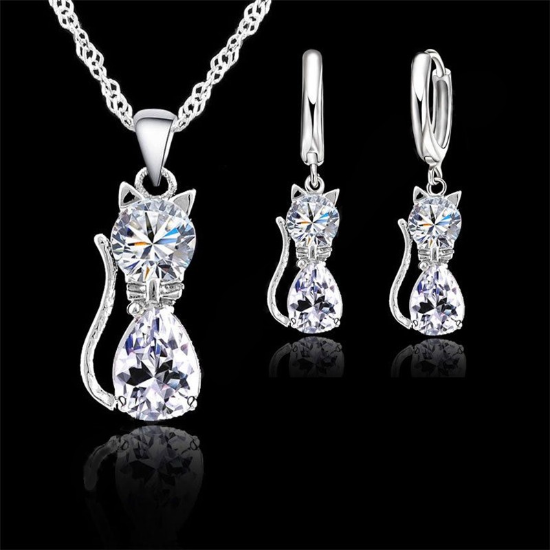 925 Sterling Silver Cat Jewelry Set  Austrian Crystal Necklace & Huggie Earrings for Women & Girls