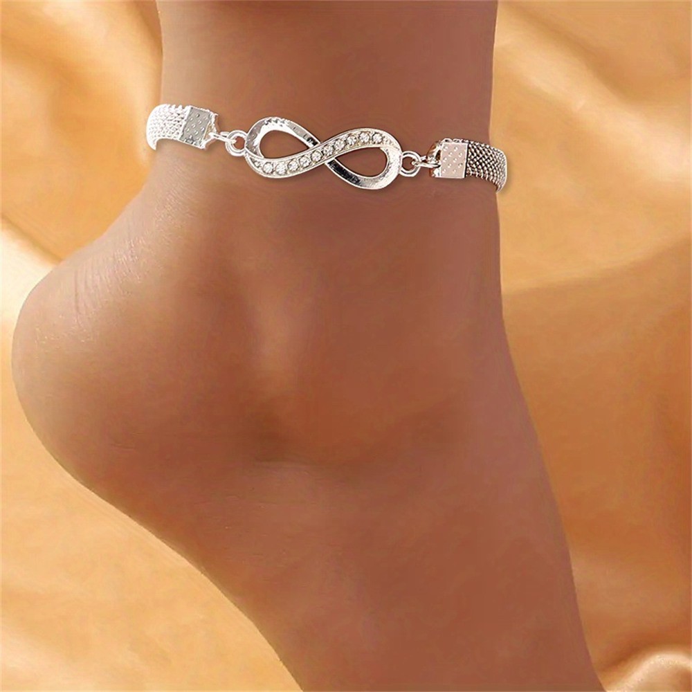 Shiny Infinity Anklet Silver Rhinestone 8-Character Vintage Ankle Bracelet for Women