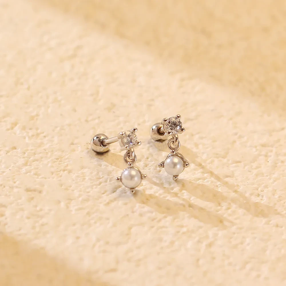 Pearl Stud Earrings Silver Diamond Screws