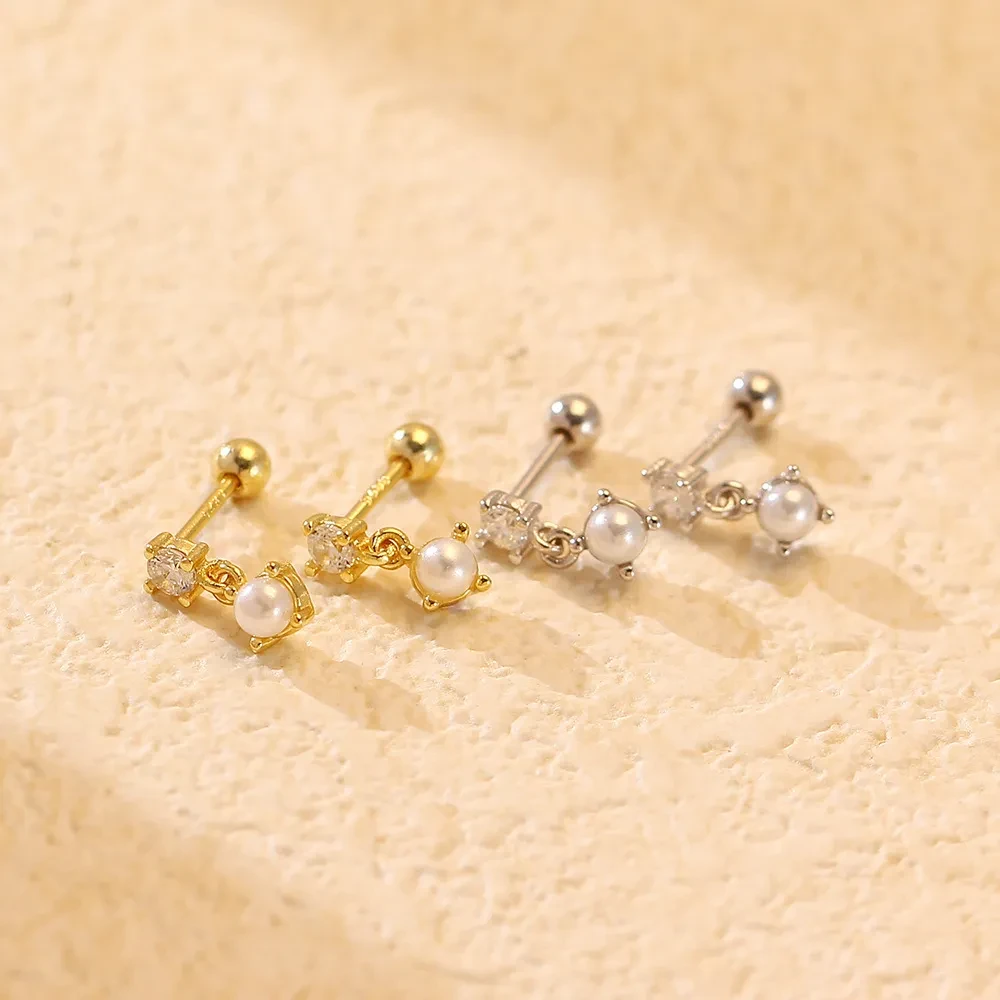 Pearl Stud Earrings Silver Diamond Screws
