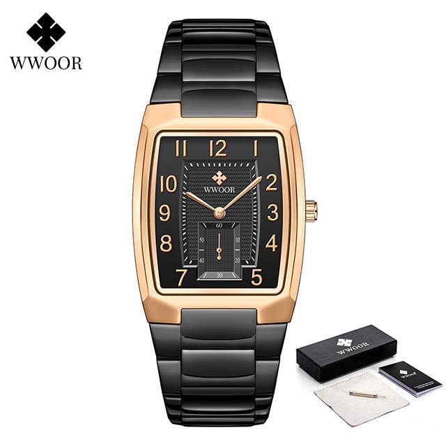WWOOR 2024 Mens Square Watch  Luxury Gold Stainless Steel Quartz Wristwatch