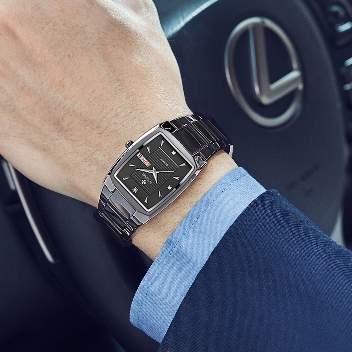 WWOOR 2024 Mens Square Watch  Luxury Gold Stainless Steel Quartz Wristwatch