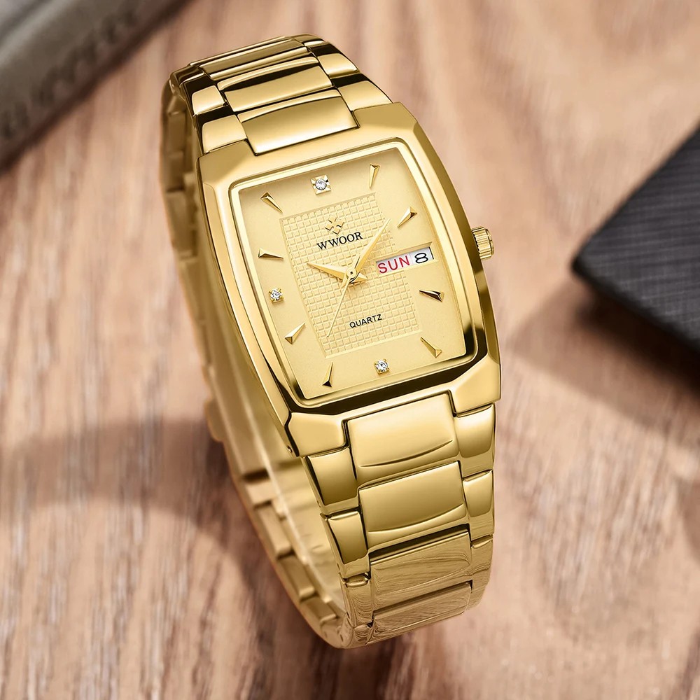 WWOOR 2024 Mens Square Watch  Luxury Gold Stainless Steel Quartz Wristwatch