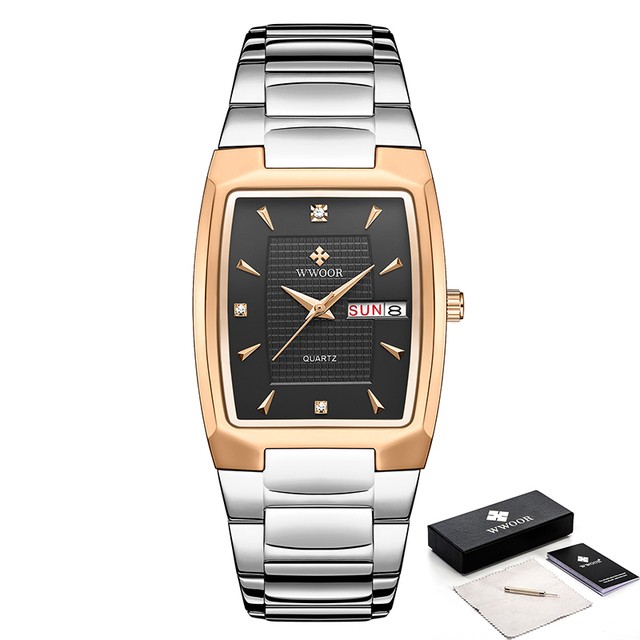 WWOOR 2024 Mens Square Watch  Luxury Gold Stainless Steel Quartz Wristwatch