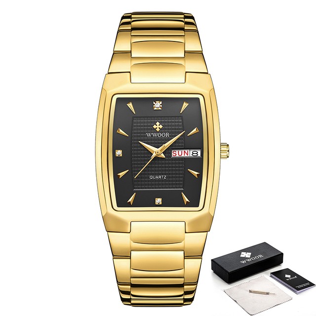 WWOOR 2024 Mens Square Watch  Luxury Gold Stainless Steel Quartz Wristwatch
