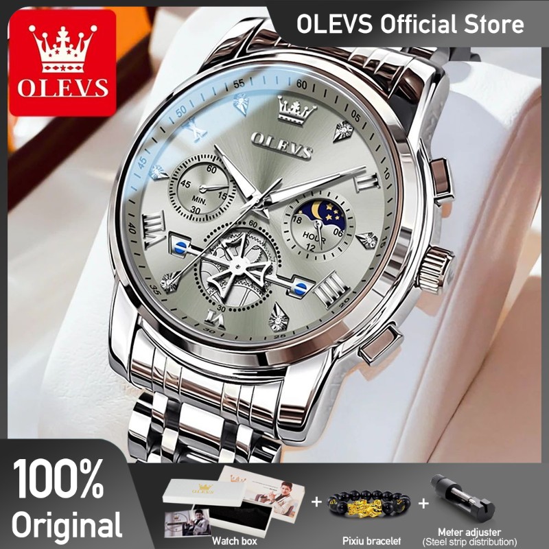 OLEVS Mens Classic Multifunction Quartz Watch  Flywheel Chronograph with Moon Phase & 24-Hour Display