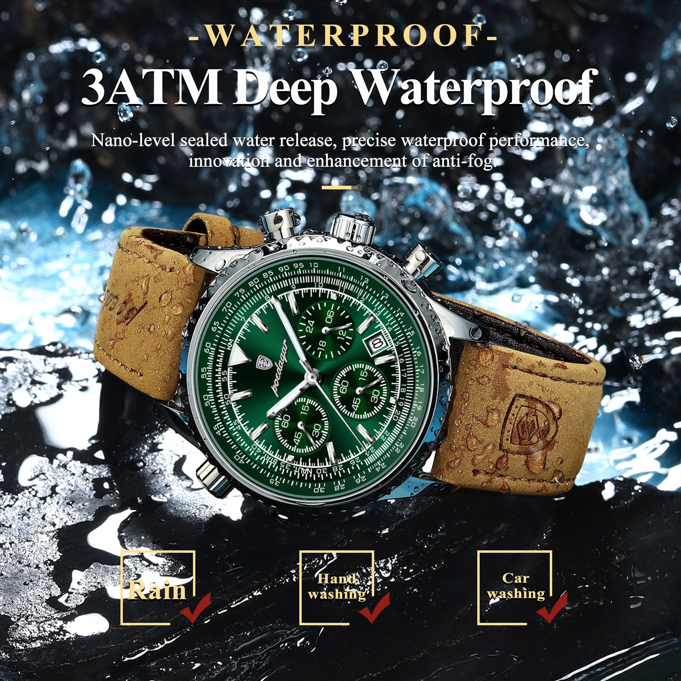 POEDAGAR Luxury Mens Quartz Watch Waterproof Luminous Chronograph with Date & Leather Strap