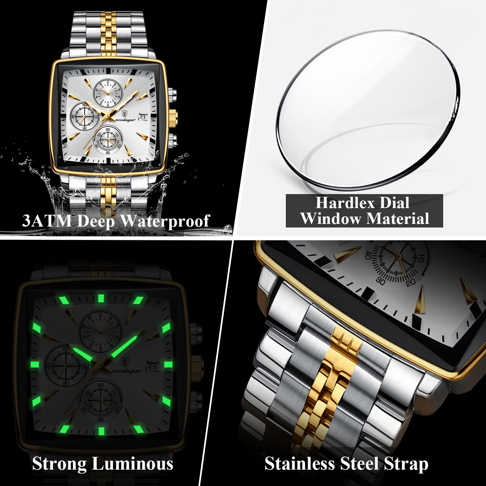 POEDAGAR Luxury Square Mens Sports Watch