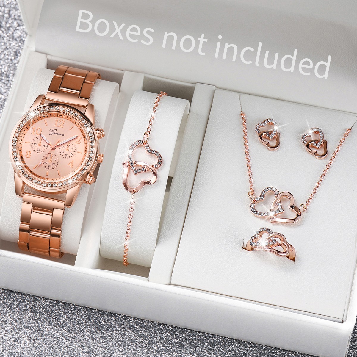 6PCS Women's Fashion Watch & Jewelry Set  Rhinestone Stainless Steel Quartz Watch with Double Heart Design