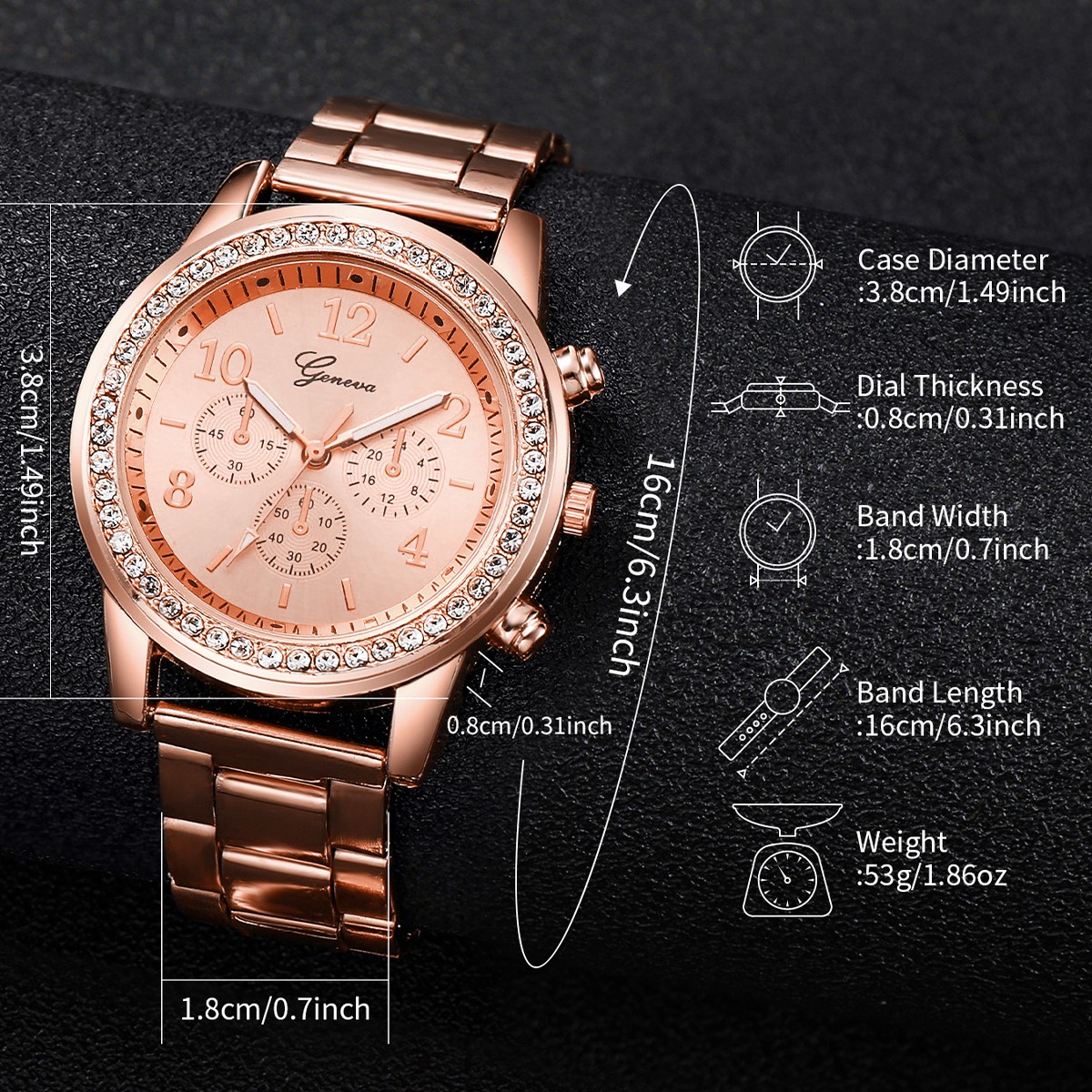 6PCS Women's Fashion Watch & Jewelry Set  Rhinestone Stainless Steel Quartz Watch with Double Heart Design