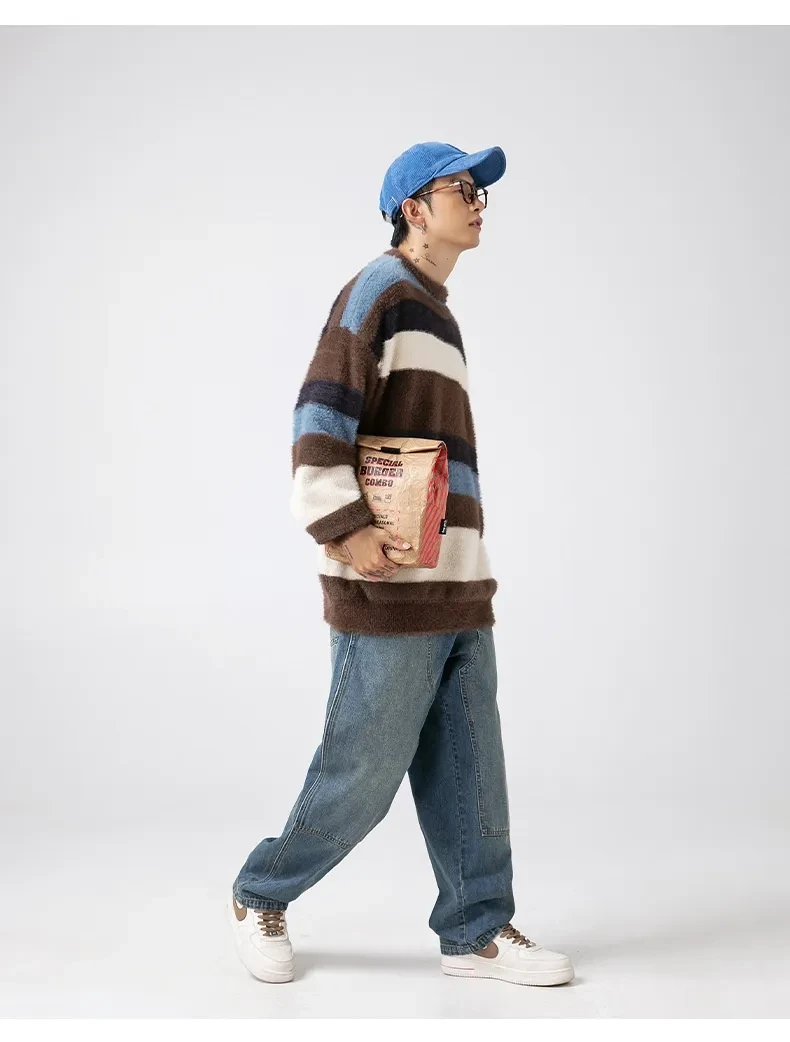 Striped Round Neck Sweater Japanese-style Retro Mink