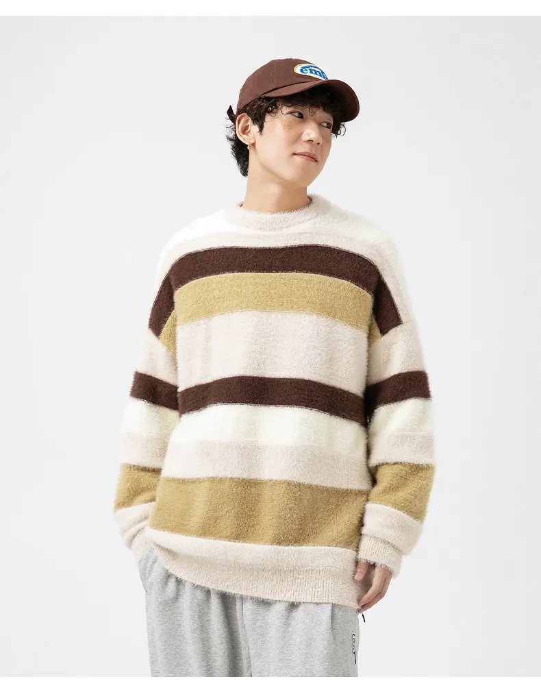 Striped Round Neck Sweater Japanese-style Retro Mink