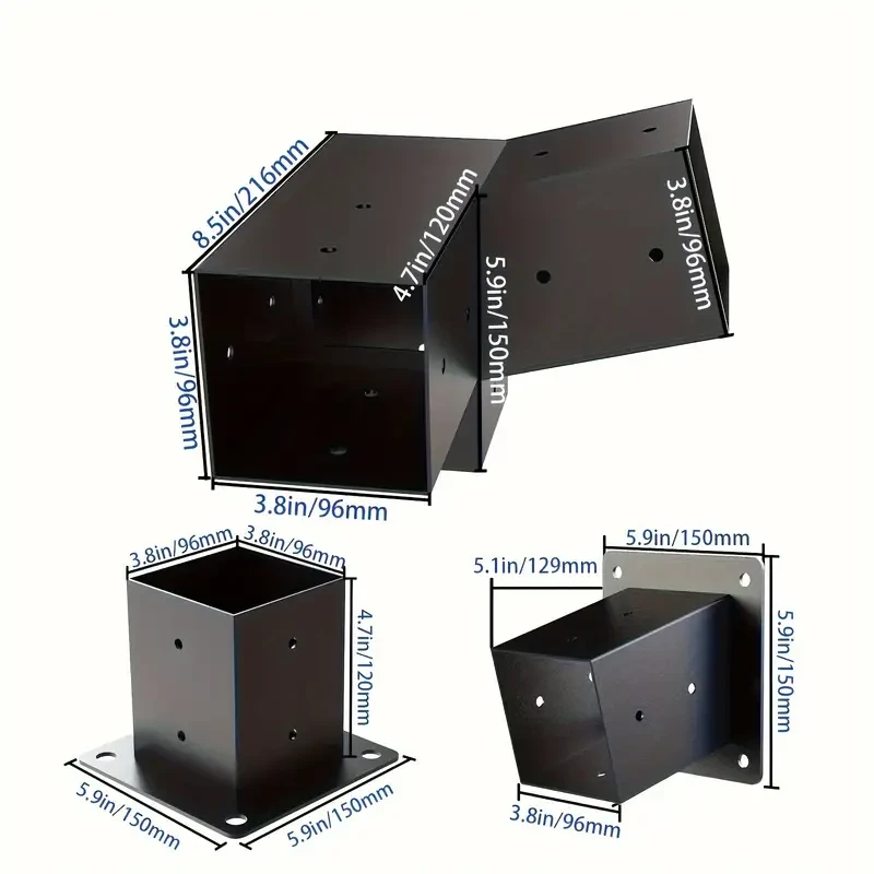 6pcs Black Powder-Coated Pergola Bracket Kit - 15 Slanted Roof, Wall Mount Design for Porch & Gazebo, Durable Metal Outdoor Furniture Hardware with Adjustable Louvered Roof