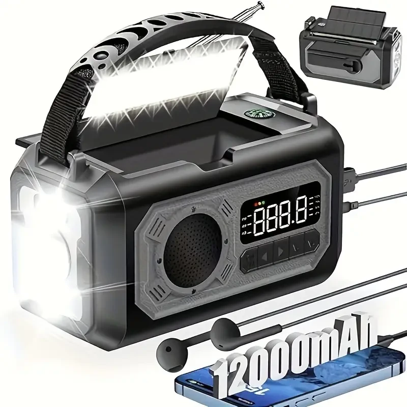 12000mAh Emergency Weather Radio - Solar & Hand Crank Portable Radio