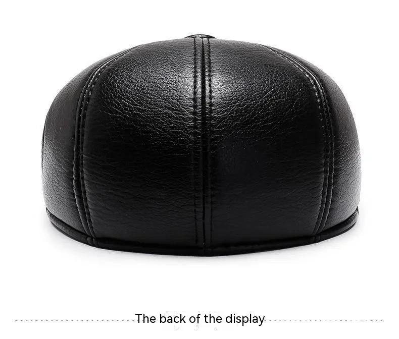 Grandpa Leather Hat Men's Autumn And Winter Fleece-lined Warm Leisure PU Ears Protection Peaked Cap