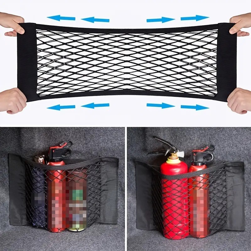 Universal Double Mesh Car Storage Bag Trunk Storage Net & Fire Extinguisher Fixed Holder