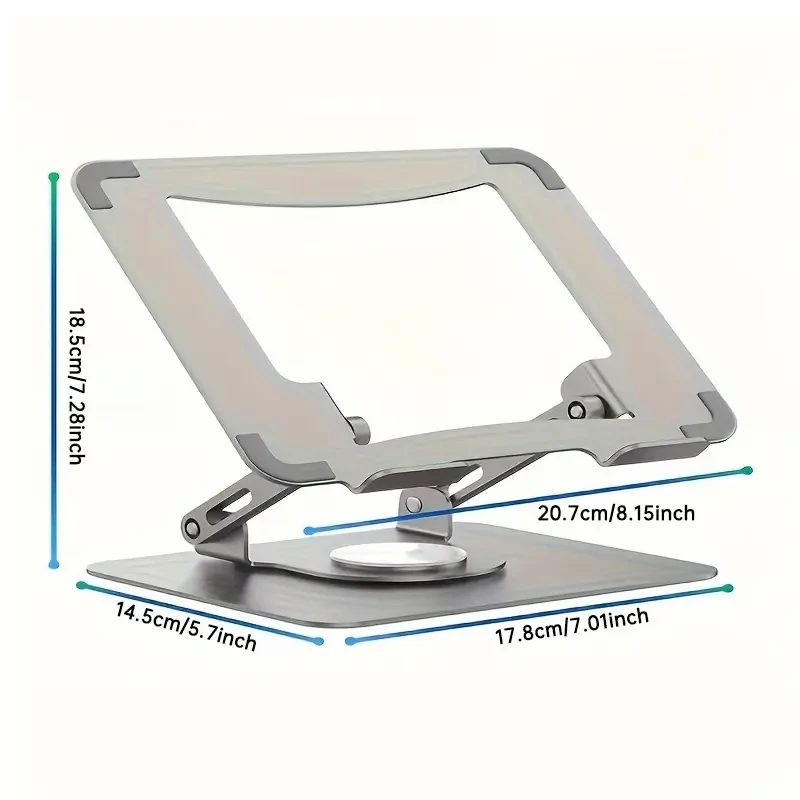 Ergonomic Stainless Steel Laptop Stand with 360 Rotating Base, Adjustable Height & Multi-Angle Folding Design - Fits 25.4-39.62cm Notebooks - Silvery Gray