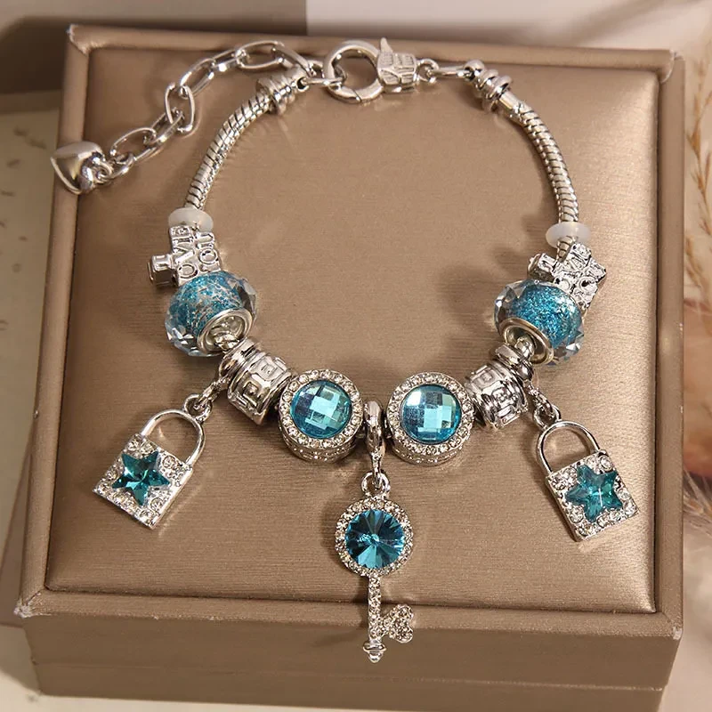 Mori Style Blue Glass Bead Key Lock Bracelet