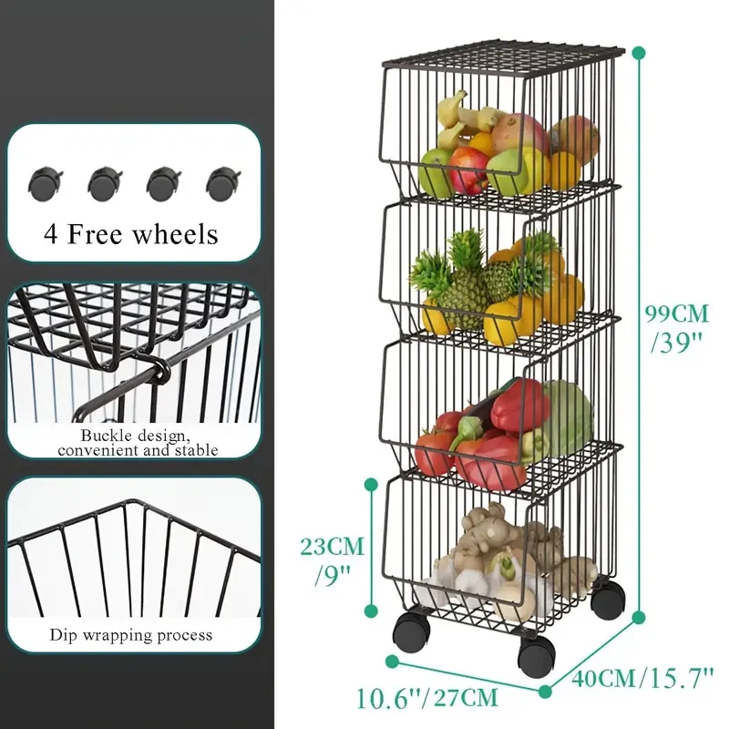 1pc Classic Stackable Metal Wire Basket Storage Organizer with Wheels
