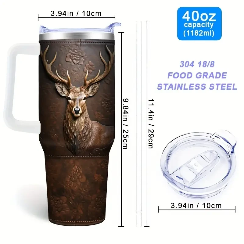 Steel Deer-Themed Tumbler with Lid & Straw - Insulated Car Travel Cup