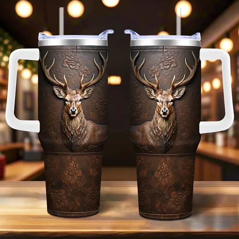 Steel Deer-Themed Tumbler with Lid & Straw - Insulated Car Travel Cup