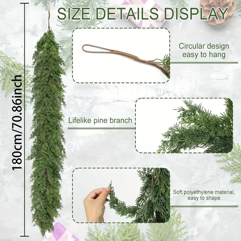 1pc 179.98cm Festive Pine Wreath, Green Cypress Garland