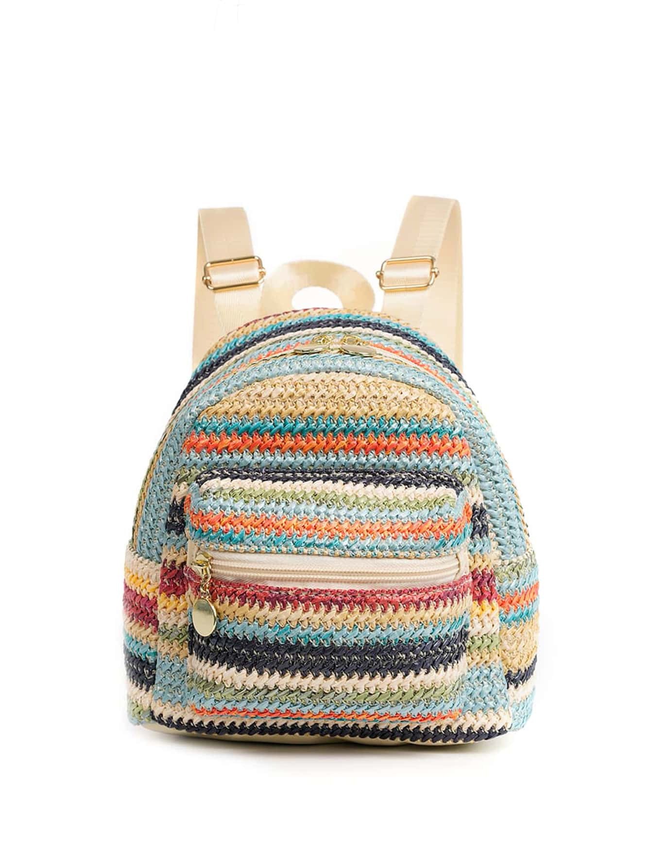 Ethnic Minorities Double Layer Zipper Casual Cool Backpack Straw Backpack