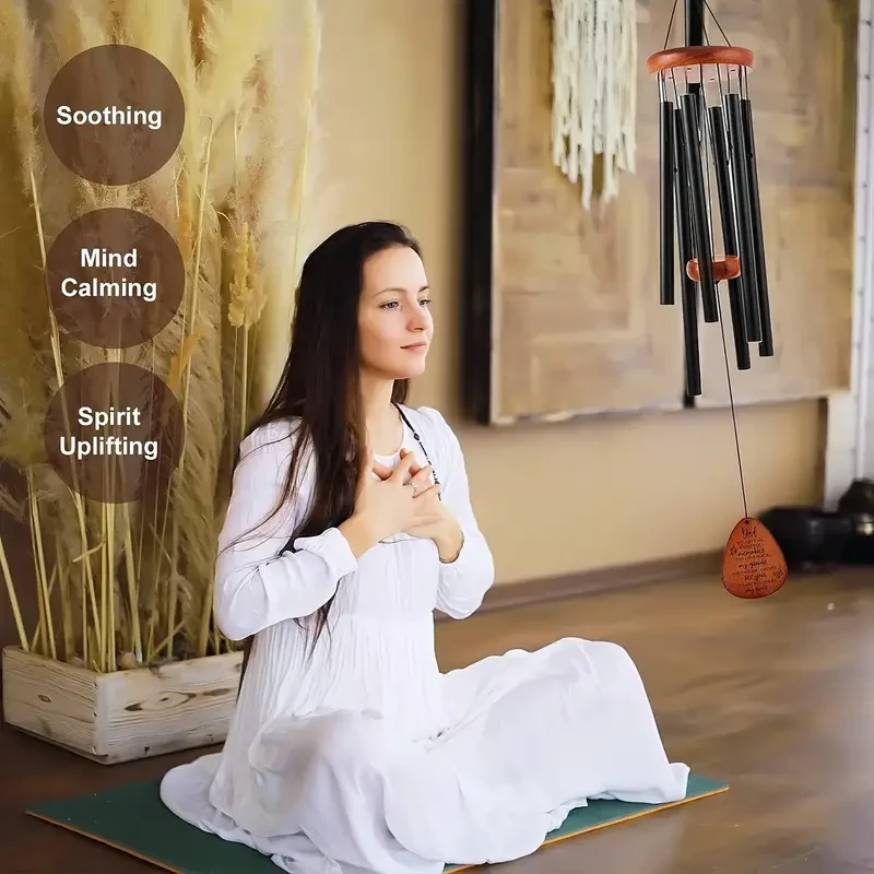 Soothing 26-Inch Deep Tone Wind Chimes - Black Aluminum & Durable Pine Wood