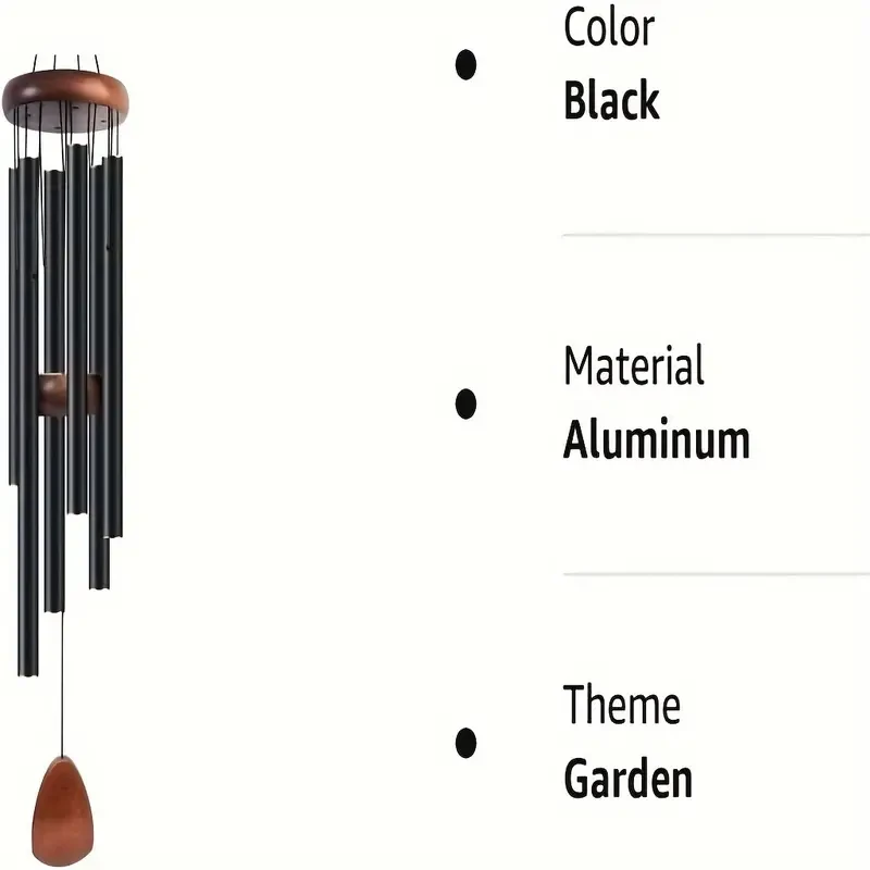 Soothing 26-Inch Deep Tone Wind Chimes - Black Aluminum & Durable Pine Wood