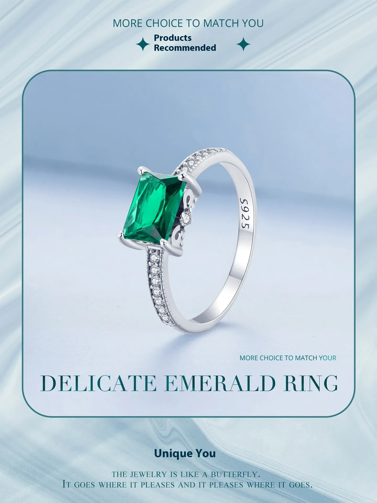 S925 Sterling Silver White Gold Plated Green Ring