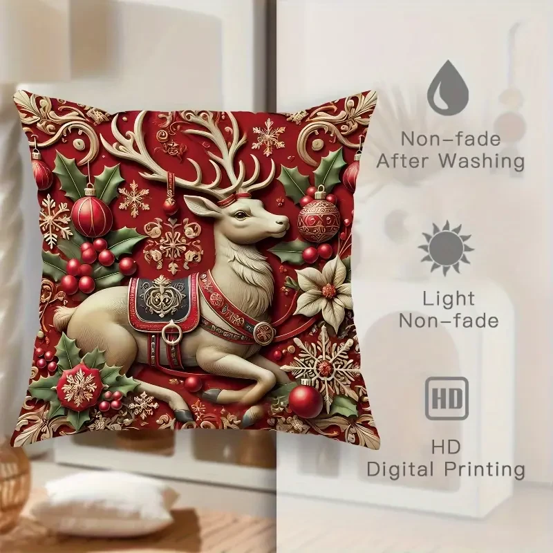 4pcs Festive Velvet Throw Pillow Covers, Christmas Santa, Reindeer, Snowman, and Tree Designs, Soft Comfortable Cushion Cases for Home Sofa and Bed Decor, Contemporary Style, Zippered Linen Fabric, Machine Washable