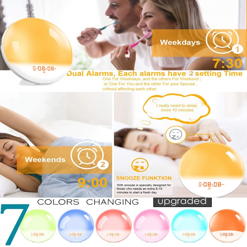 Wake Up Light Alarm Clock Sunrise/Sunset Simulation, Dual Alarms, FM Radio, Nightlight with 7 Colors