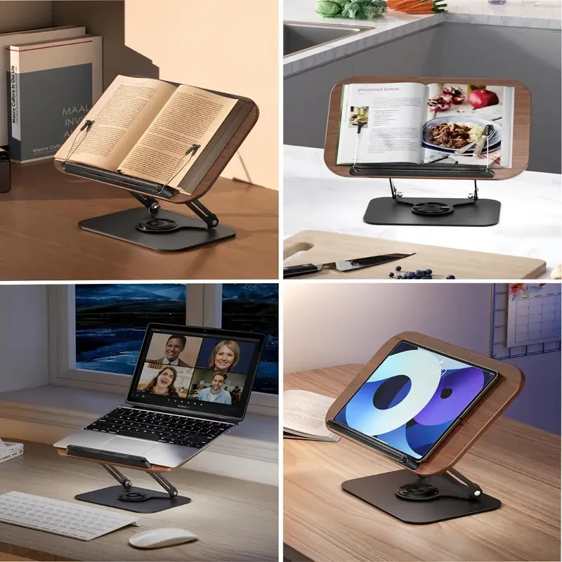 Adjustable Book Stand: 360 Rotating Base, Height & Angle Adjustable, Foldable & Portable