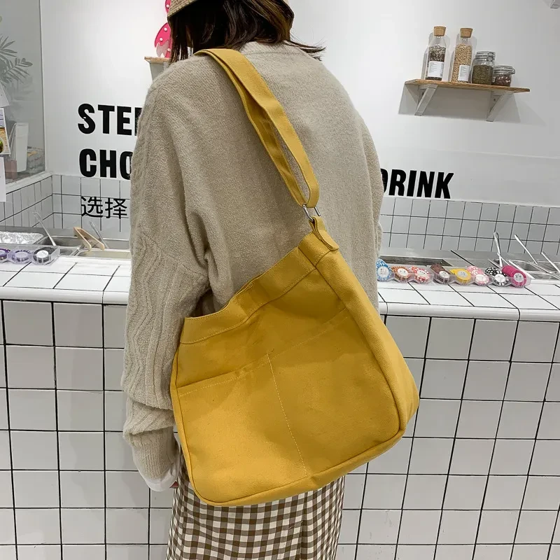 Canvas Shopping Bags Hasp Student Ulzzang BF Solid Book Bag All-Match Large Capacity Crossbody Harajuku Tote-Bags Ins Fashion