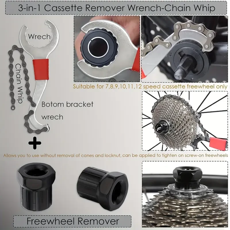 9pcs Professional Bicycle Repair Tool Kit with Stainless Steel Chain Whip