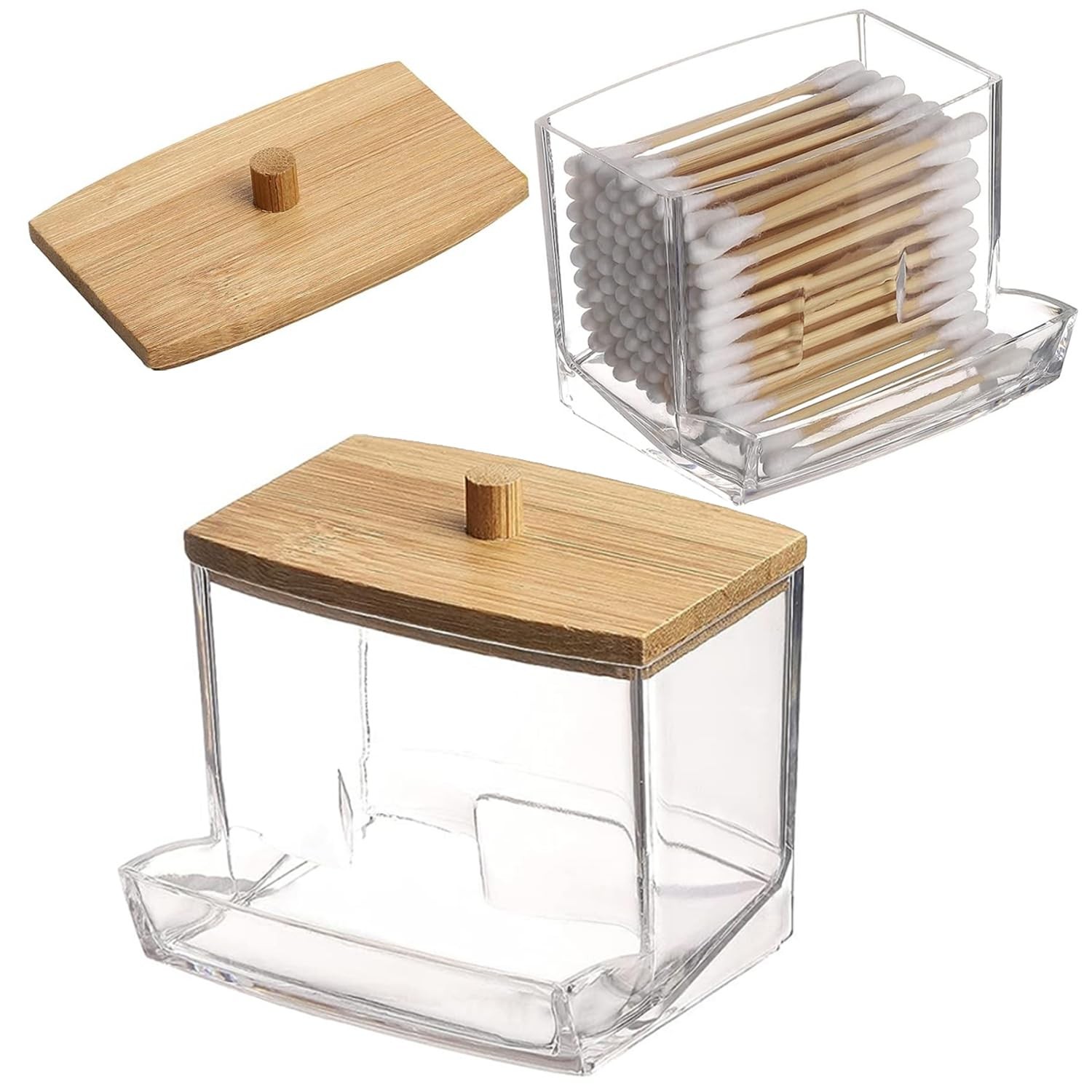 Cotton Swab Holder Clear Plastic Dispenser with Bamboo Lid