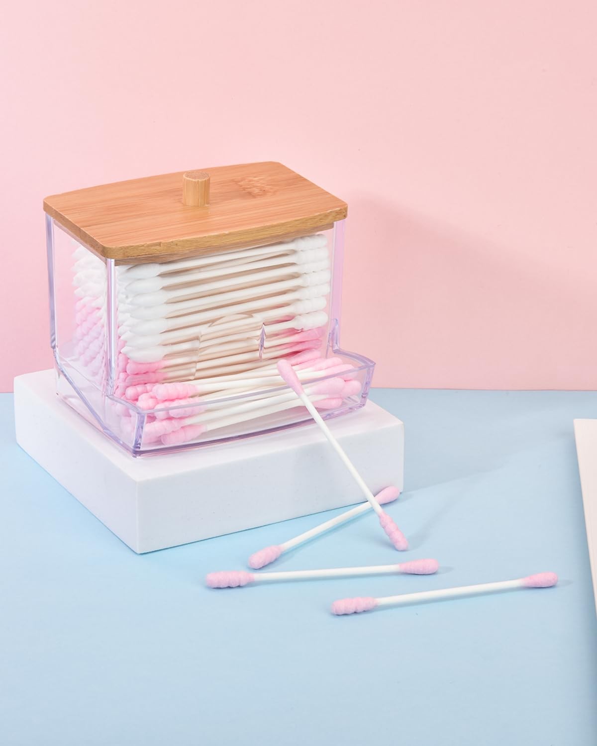 Cotton Swab Holder Clear Plastic Dispenser with Bamboo Lid