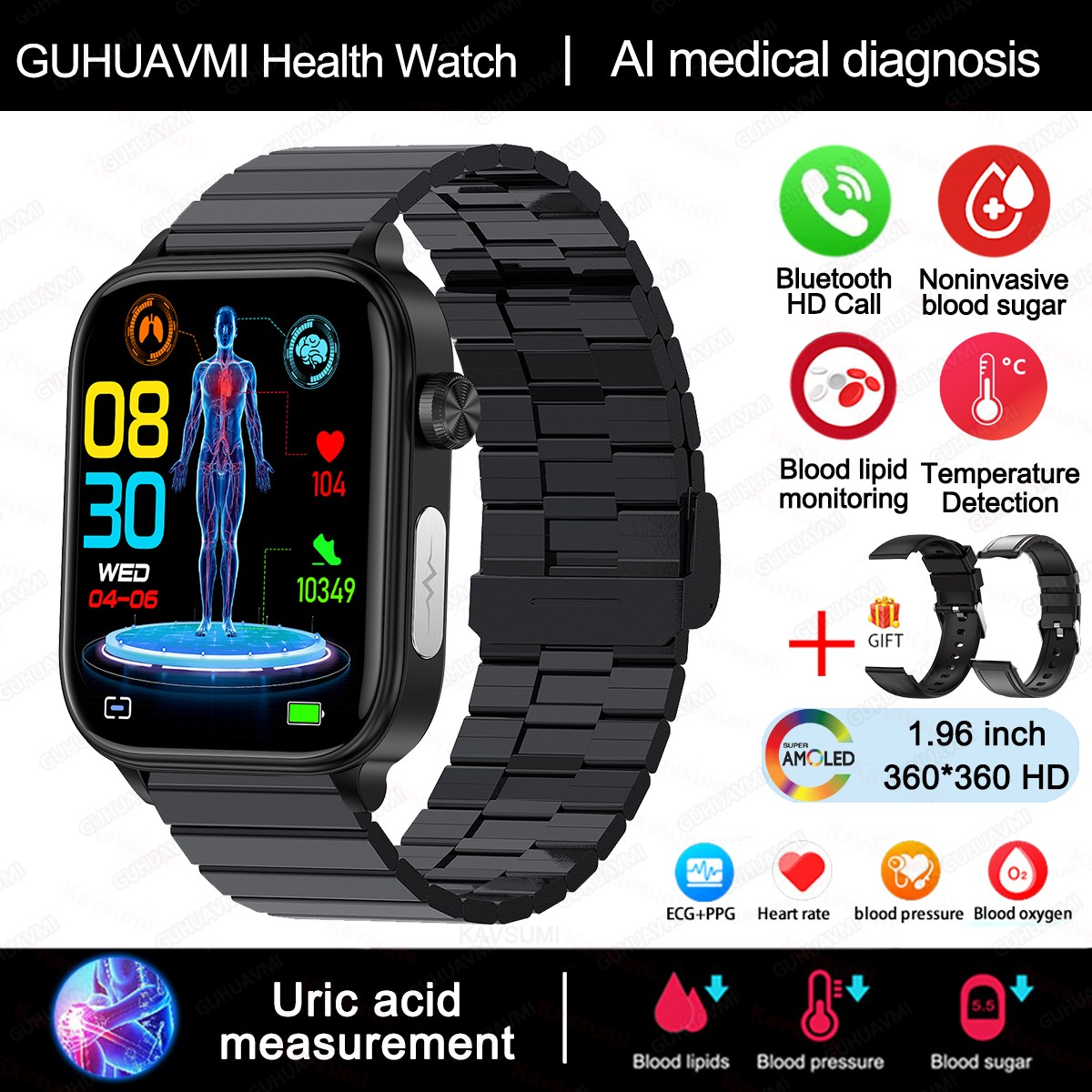 2024 AI Medical Diagnosis Smart Watch Blood Lipids, Uric Acid, Blood Glucose Monitoring with ECG+PPG, Bluetooth Calls, and Health Tracking
