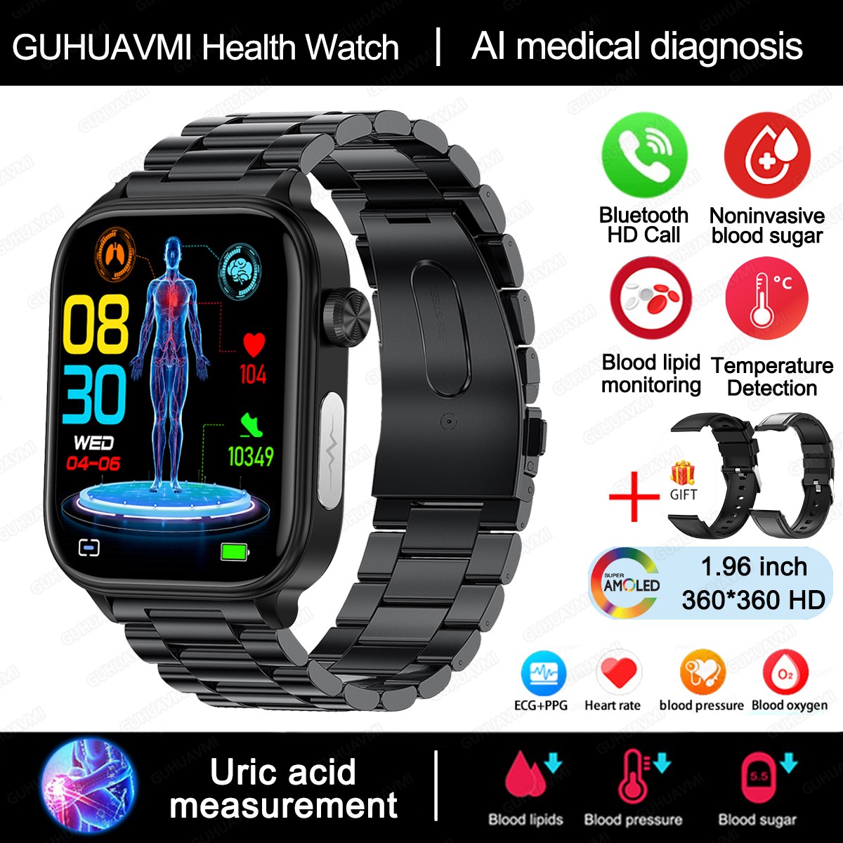 2024 AI Medical Diagnosis Smart Watch Blood Lipids, Uric Acid, Blood Glucose Monitoring with ECG+PPG, Bluetooth Calls, and Health Tracking