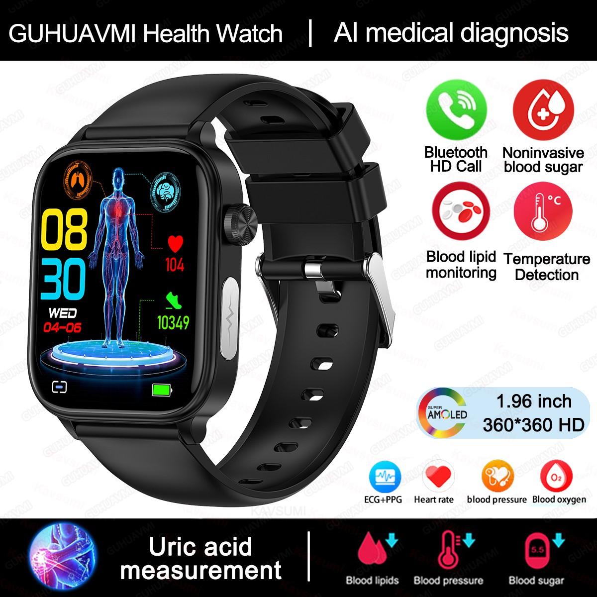 2024 AI Medical Diagnosis Smart Watch Blood Lipids, Uric Acid, Blood Glucose Monitoring with ECG+PPG, Bluetooth Calls, and Health Tracking
