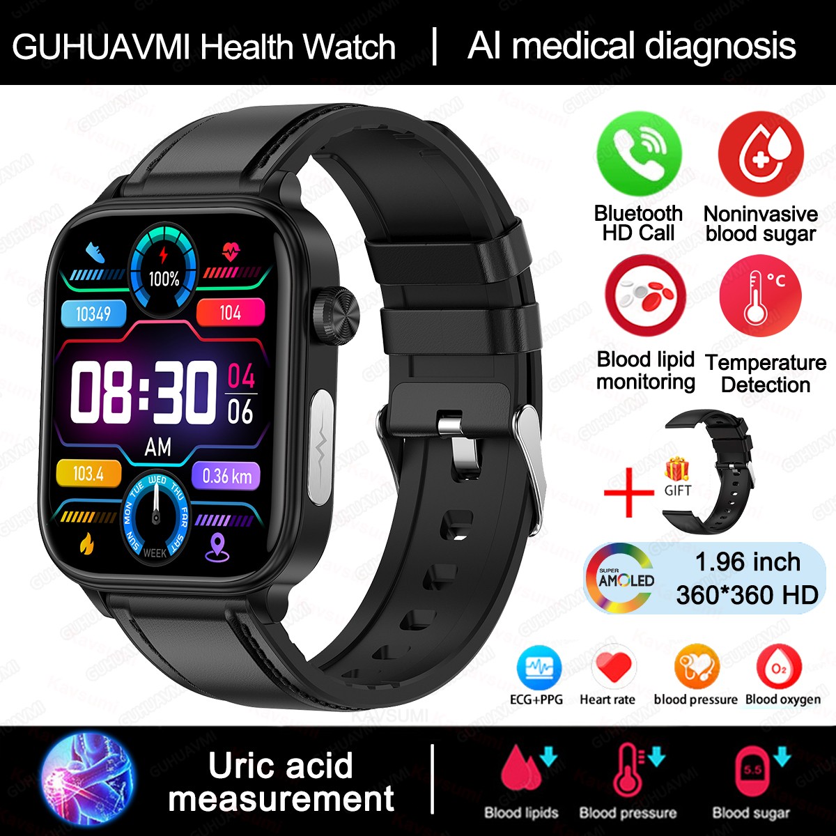2024 AI Medical Diagnosis Smart Watch Blood Lipids, Uric Acid, Blood Glucose Monitoring with ECG+PPG, Bluetooth Calls, and Health Tracking