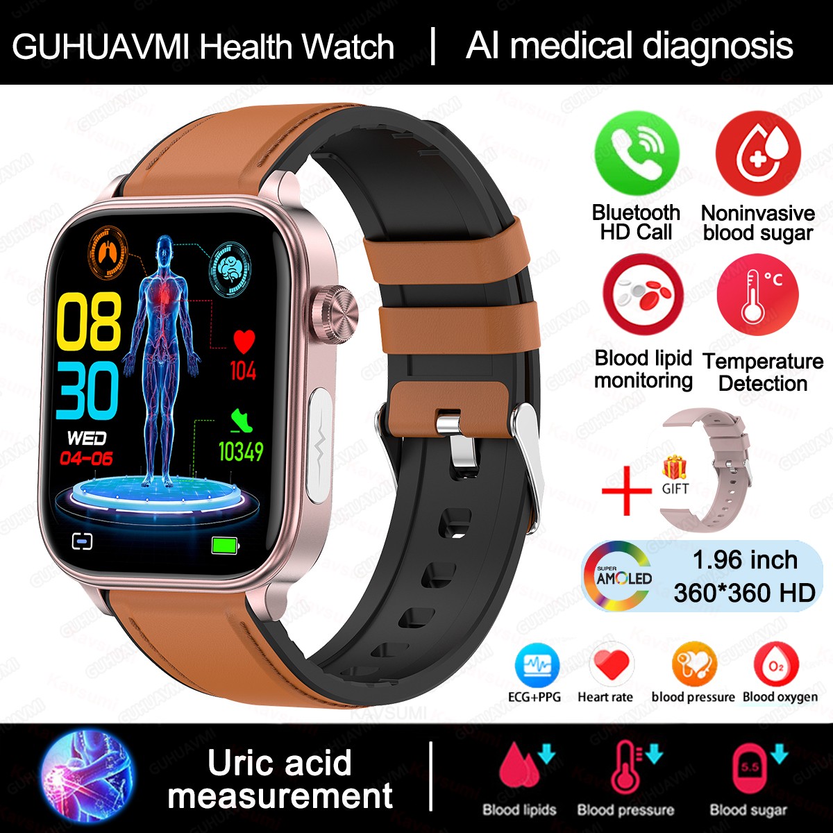 2024 AI Medical Diagnosis Smart Watch Blood Lipids, Uric Acid, Blood Glucose Monitoring with ECG+PPG, Bluetooth Calls, and Health Tracking